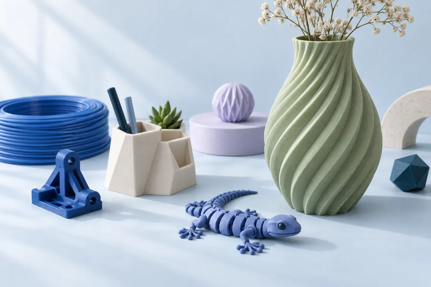 Illustration d’objets imprimés en 3D : vase nervuré, lézard articulé, pot à crayons et pièce mécanique.